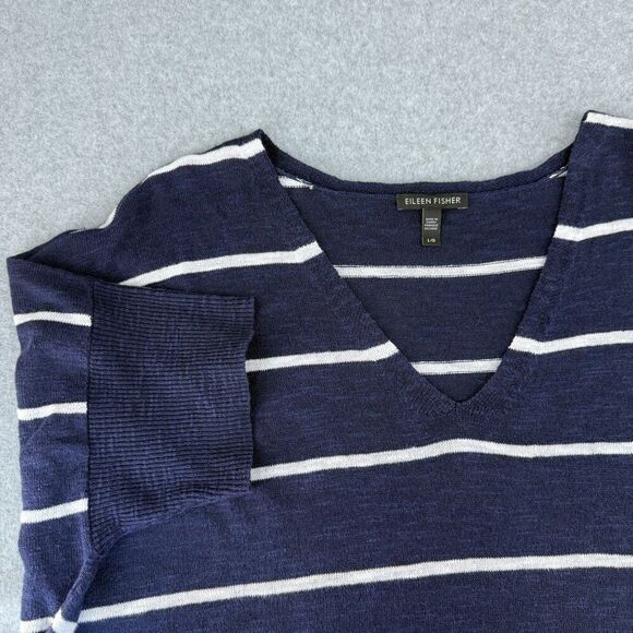 Eileen Fisher Womens Large Navy White Striped V-Neck Organic Linen Cotton Blouse - Picture 8 of 11